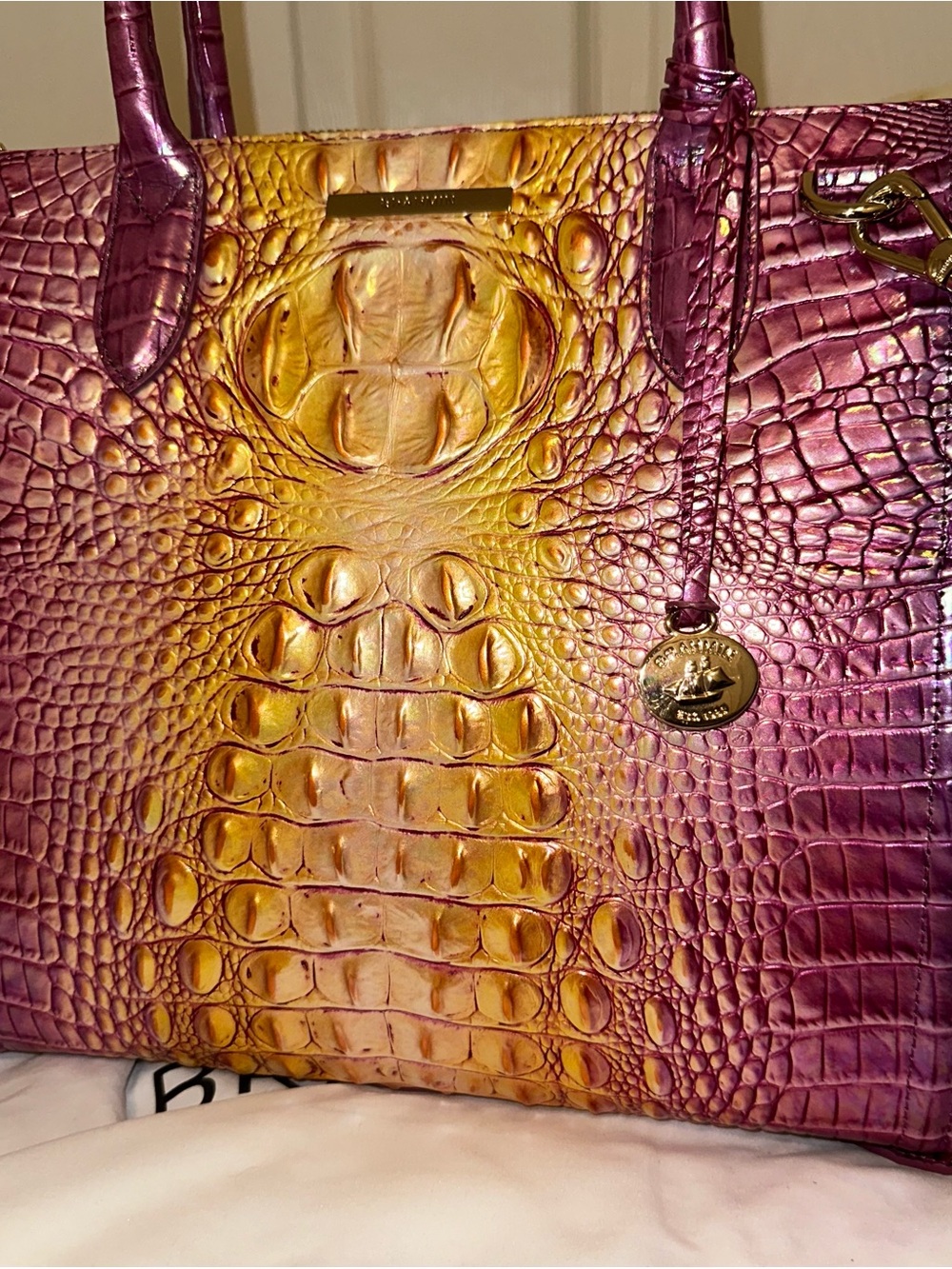 Brahmin Grapefruit Ombre Large Caroline Pink/Purple and Gold Satchel NWOT - Picture 6 of 15